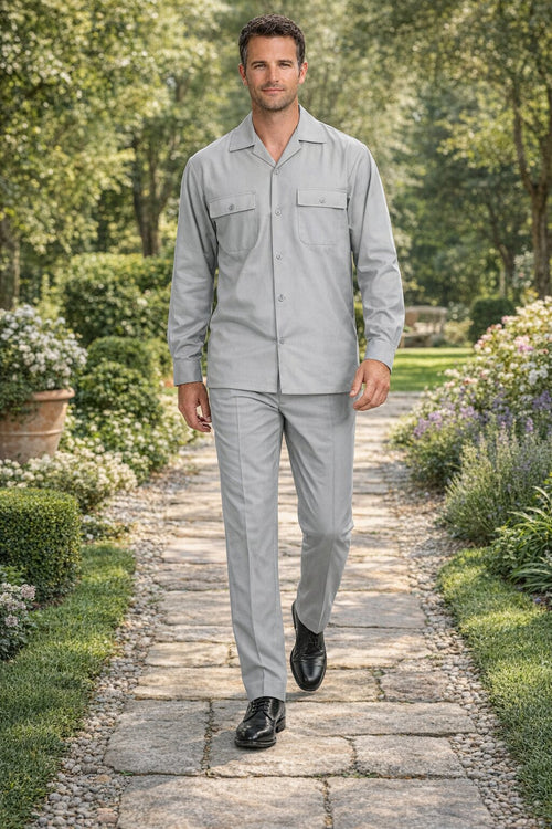 Mens Luxury Grey Wool Two-Piece Leisure Walking Suit