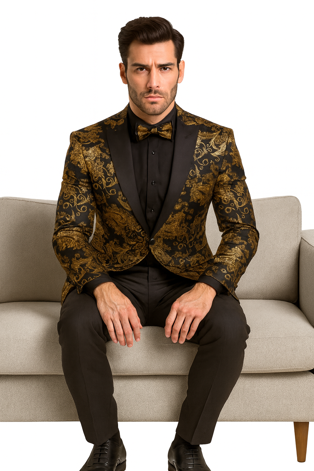 Black and Gold Prom Suit - Mens Paisley Velvet Foil Smoking Gold Jacket