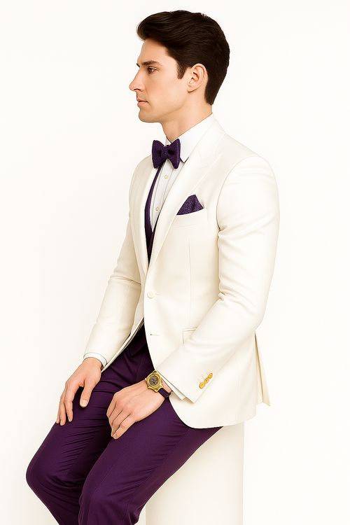 White and Purple Tuxedo Wedding Suit - White Dinner Jacket + Vest + Pants + Bow-tie