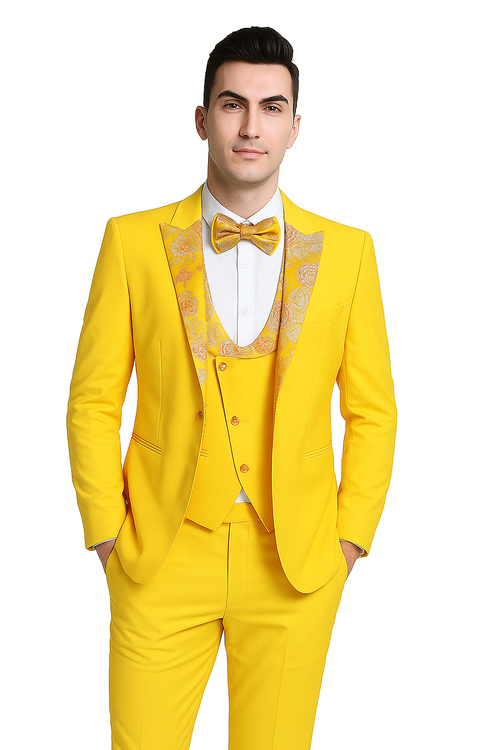 Radiant Golden Bloom Mens 3-Piece Suits with Floral Peak Lapel