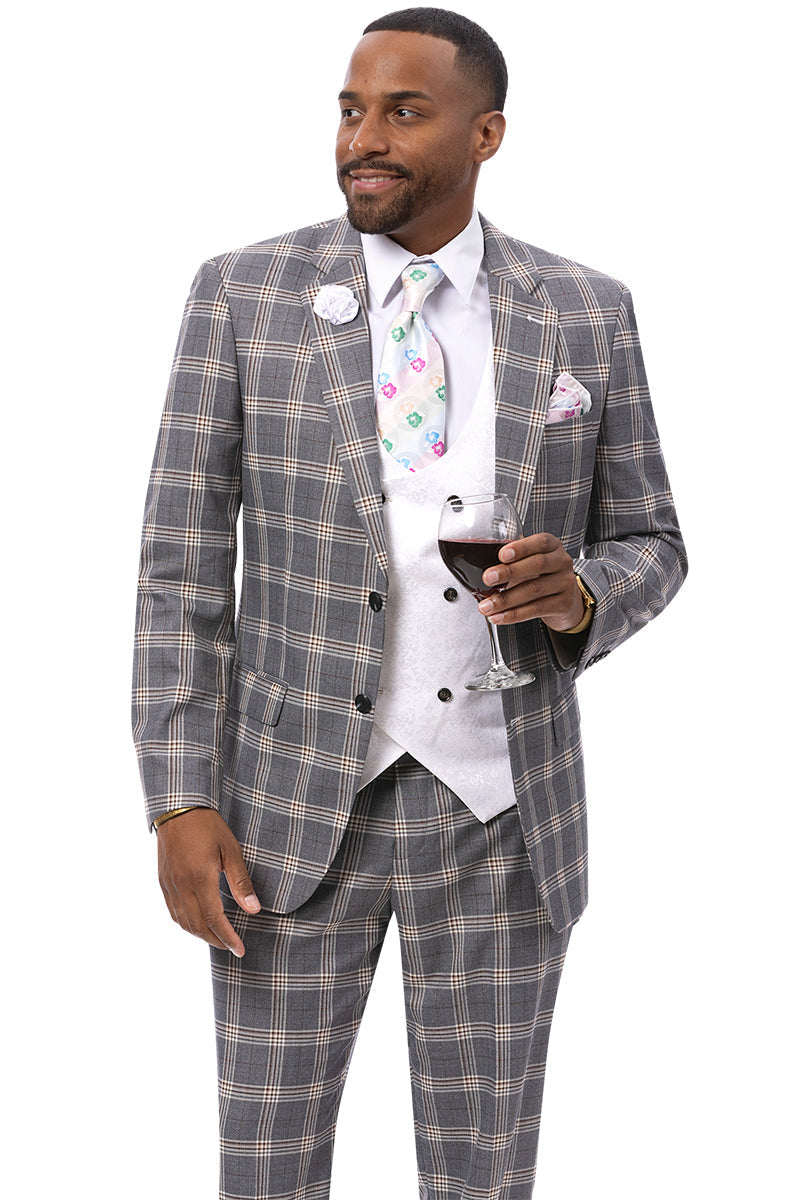 Men's Two Button Windowpane Plaid Suit in Grey with Double Breasted White Paisley Vest