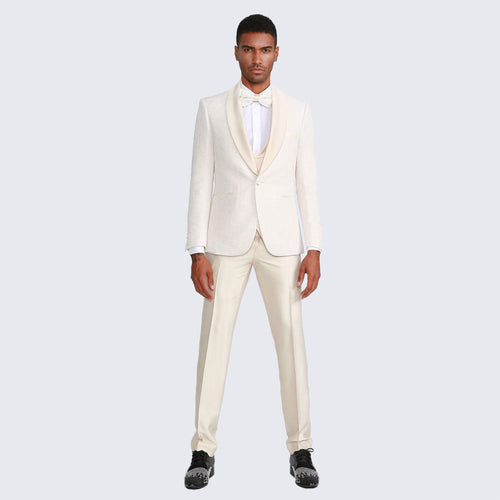 Ivory Shawl Tuxedo with Fancy Pattern Four Piece Set - Wedding - Prom