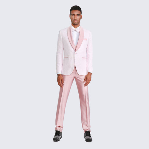 Pink Patterned Tuxedo Set with Shawl Lapel – Wedding & Prom