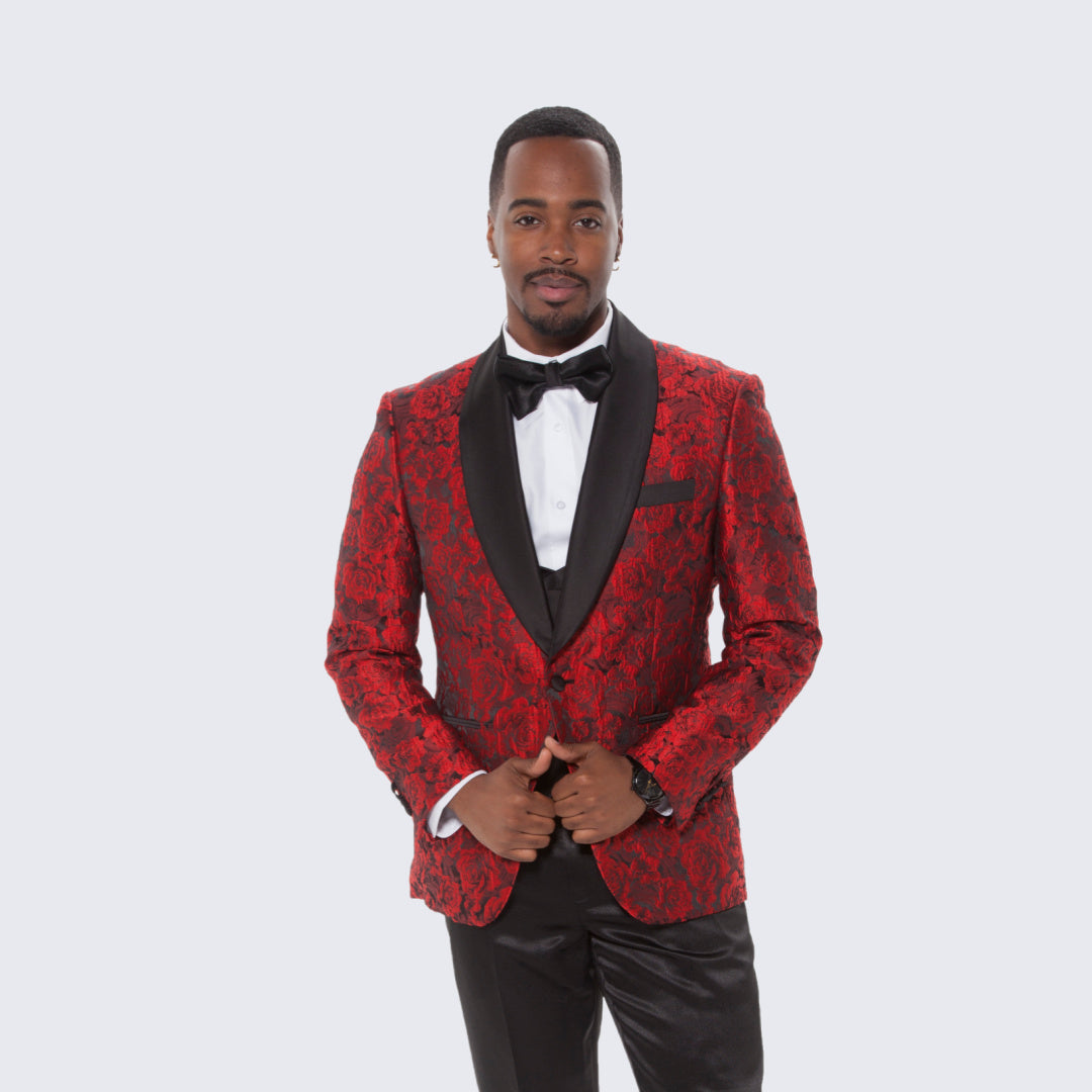 Red Floral Tuxedo with Shawl Lapel – 4 Piece Slim Fit Set