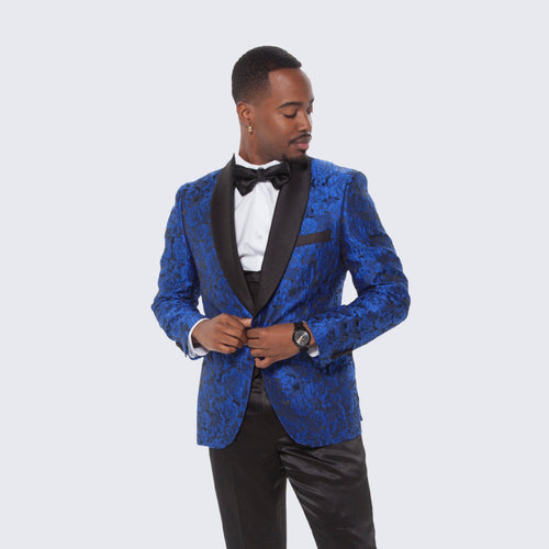 Royal Blue Floral Tuxedo with Shawl Lapel β 4 Piece Slim Fit Set