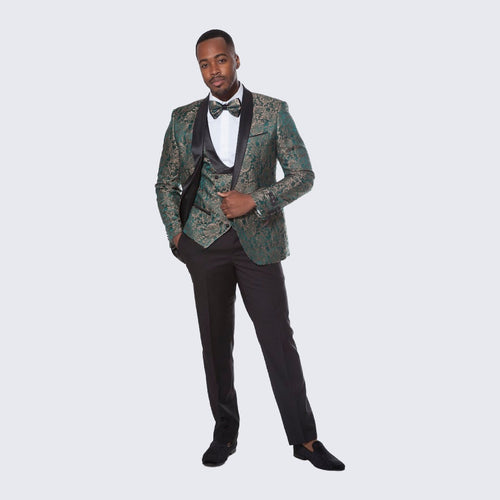 Green & Gold Pattern Tuxedo 4-Piece Set with Shawl Lapel – Wedding & Prom