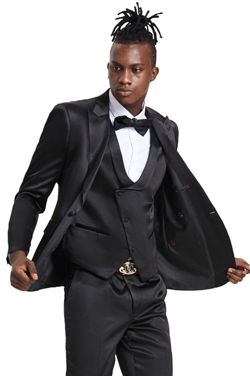 Men's Shine in Black: Satin Vested Suit