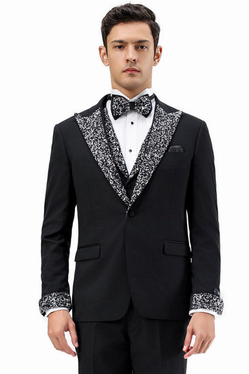 Men's Rhinestone sequin Peak Lapel Vested Tuxedo in Black