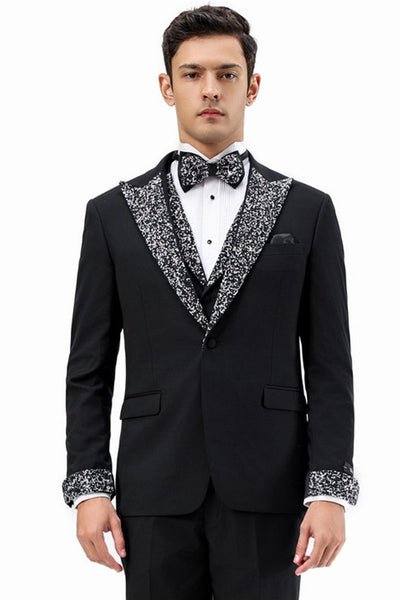 Men's Rhinestone Peak Lapel Vested Tuxedo in Black