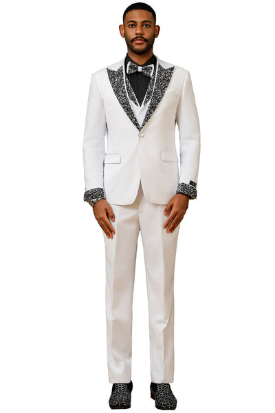 Men's White Rhinestone Peak Lapel Tuxedo for Prom