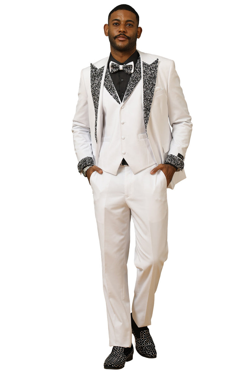 Men's White Rhinestone Peak Lapel Tuxedo for Prom
