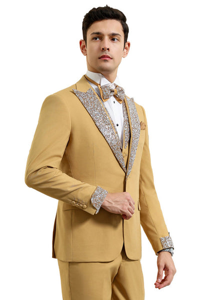 Men's Champagne Rhinestone Tuxedo with Peak Lapel