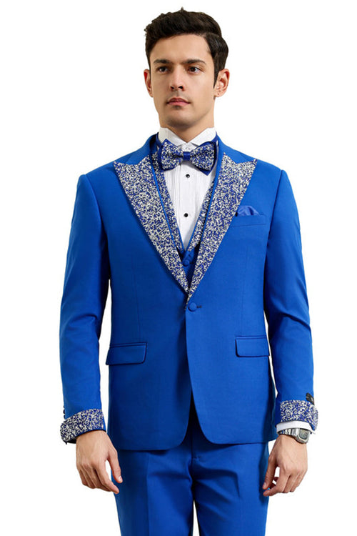 Men's Royal Blue Rhinestone sequin Peak Lapel Tuxedo