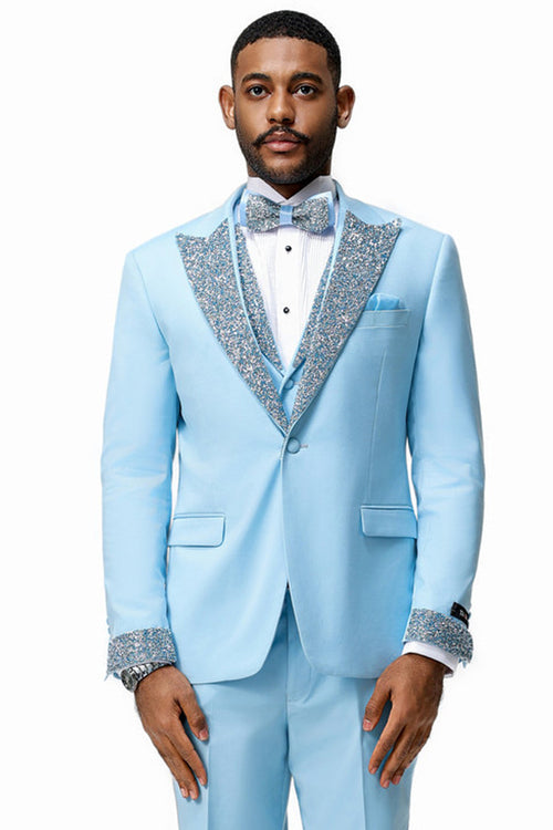 Men's Sky Blue Rhinestone sequin Tuxedo