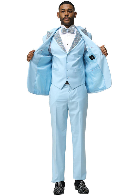 Men's Sky Blue Rhinestone sequin Tuxedo