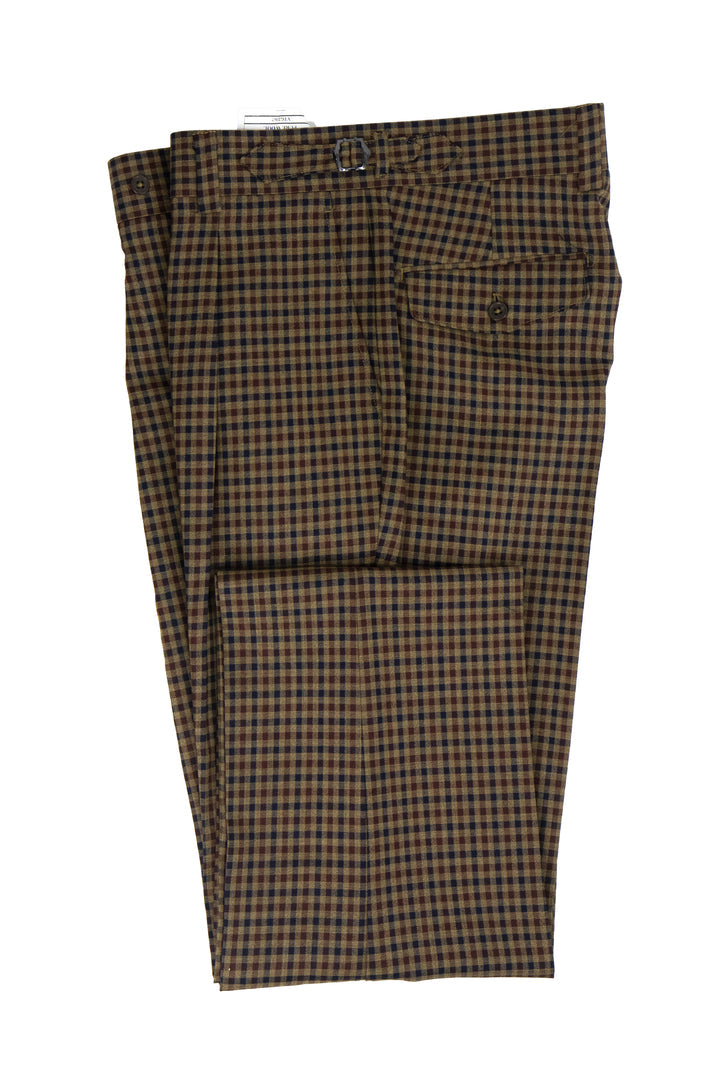 Tiglio Luxe Camel with Navy Check Semi-Wide Leg Wool Marbella Dress Pants TL5547 β SuitUSA