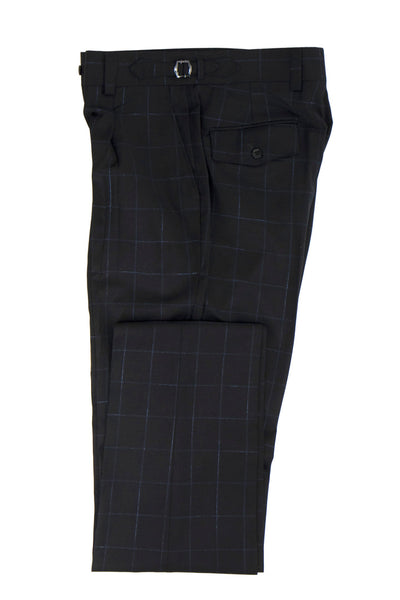 Tiglio Luxe Black with Light Blue Windowpane Semi-Wide Leg Wool Marbella Dress Pants TL5103
