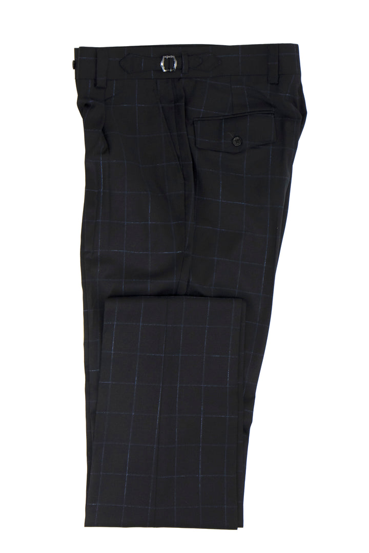 Tiglio Luxe Black with Light Blue Windowpane Semi-Wide Leg Wool Marbella Dress Pants TL5103