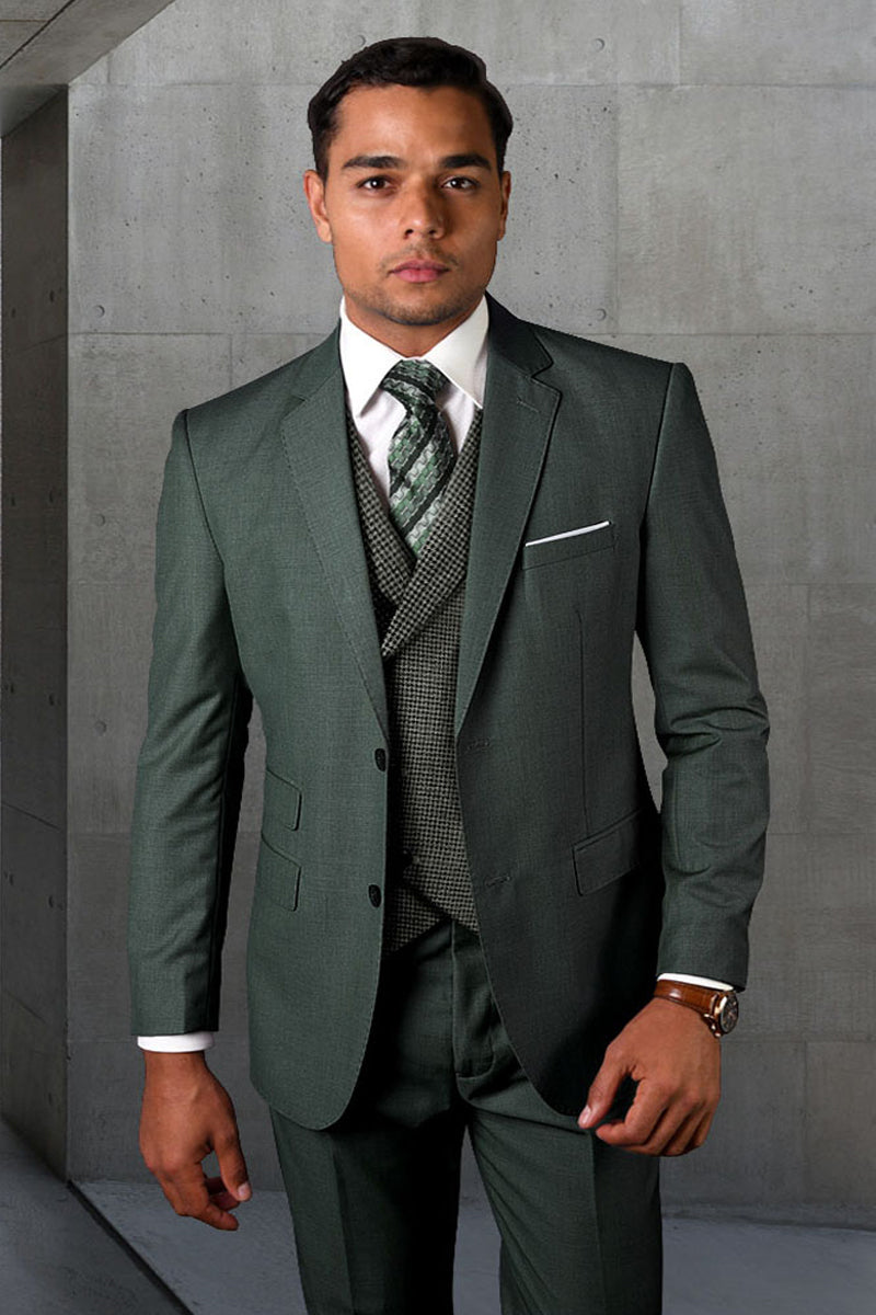 Men's Designer Two Button Wool Suit in Hunter Green with Micro Plaid Double Breasted Vest by Statement – SuitUSA