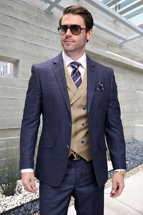 Men's Navy Sharkskin Wool Suit with Double-Breasted Vest