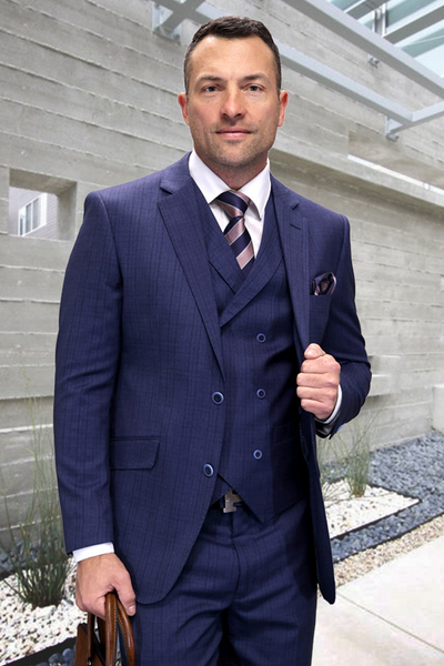Men’s Classic Blue Plaid Wool Suit with Double Vest