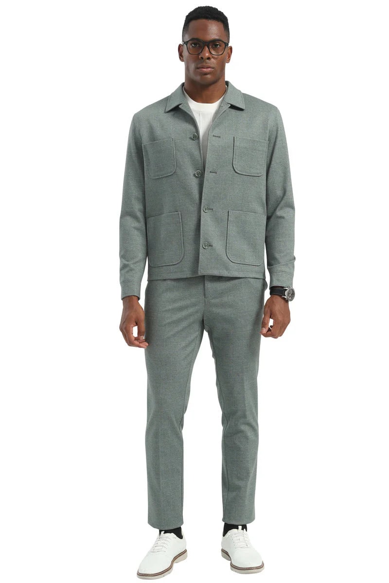 Mens Casual Walking Casual Suit Jacket and Pant Set in Sage Green Safari Military Style 70s Fashion