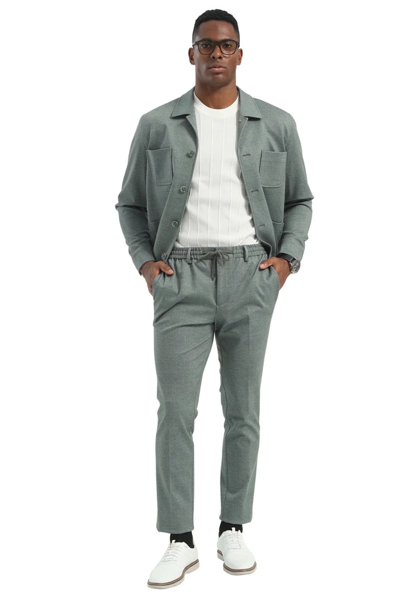 Mens Casual Walking Casual Suit Jacket and Pant Set in Sage Green Safari Military Style 70s Fashion