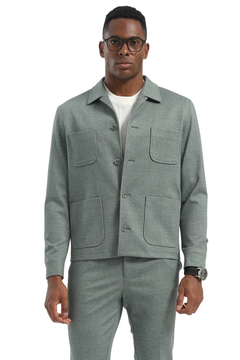 Mens Casual Walking Casual Suit Jacket and Pant Set in Sage Green Safari Military Style 70s Fashion