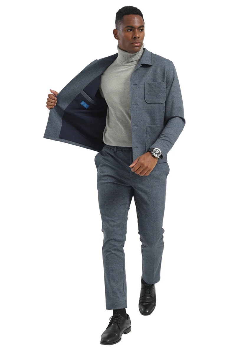 Mens Casual Walking Casual Suit Jacket and Pant Set in Blue Safari Military Style 70s Fashion