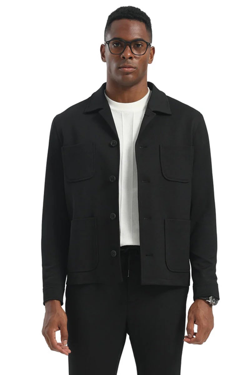 Mens Casual Walking Casual Suit Jacket and Pant Set in Black Safari Military Style 70s Fashion