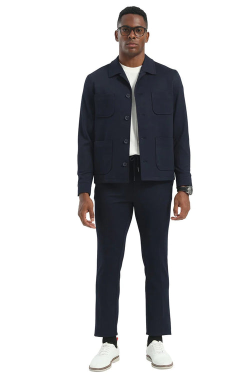 Mens Casual Walking Casual Suit Jacket and Pant Set in Navy Blue Safari Military Style 70s Fashion