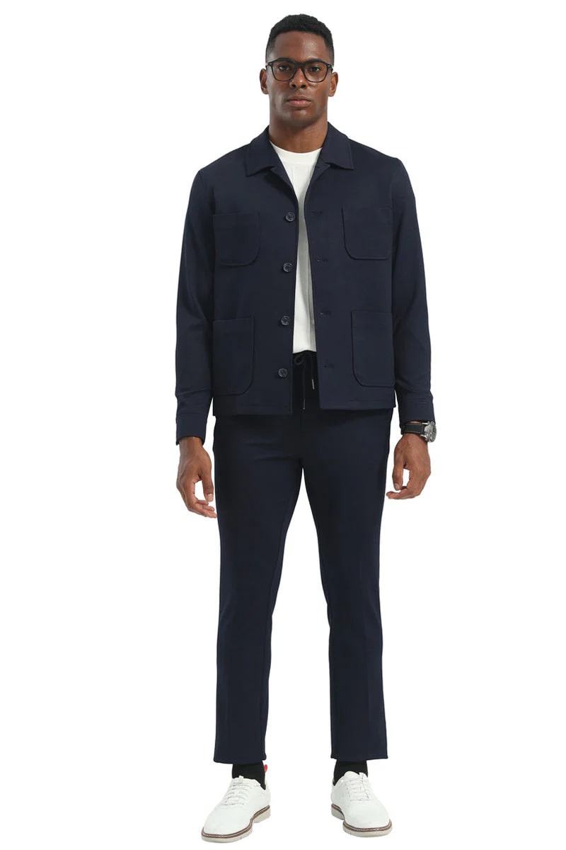Mens Casual Walking Casual Suit Jacket and Pant Set in Navy Blue Safari Military Style 70s Fashion