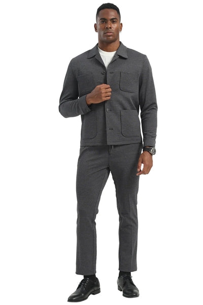 Mens Casual Walking Casual Suit Jacket and Pant Set in Grey Safari Military Style 70s Fashion