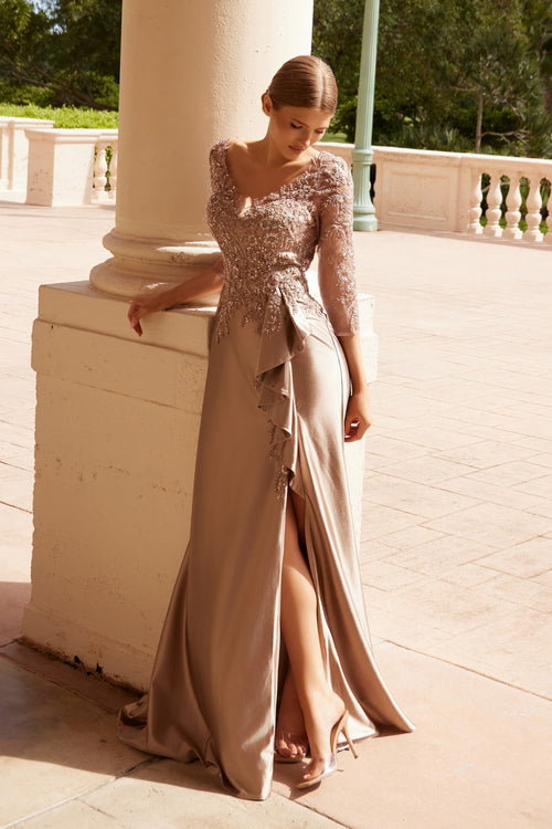 3/4 Sleeve Mother of the Bride Dress with Beaded Appliqués Formal Gown