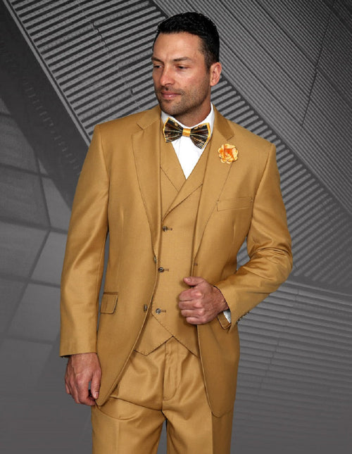 Mens 2 Button Classic Fit Pleated Pant Suit with Double Breasted Vest in Camel by Statement