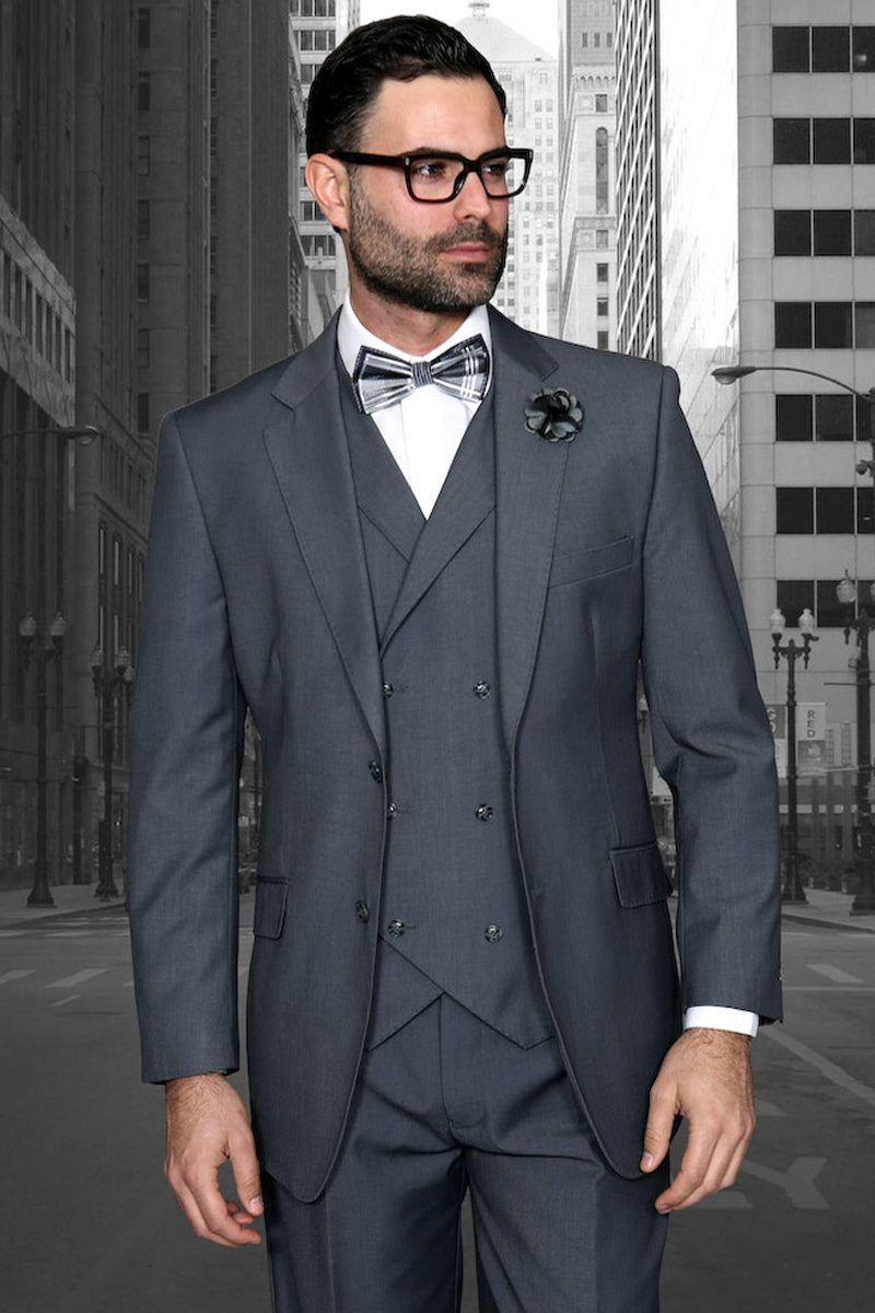 Men's Charcoal Grey Wool Suit with Double Breasted Vest