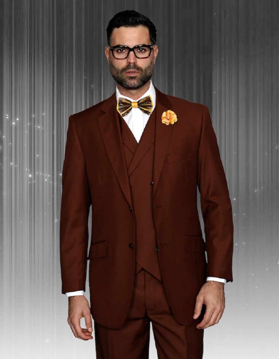 Mens 2 Button Classic Fit Pleated Pant Suit with Double Breasted Vest in Copper by Statement