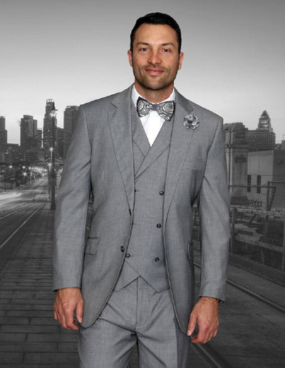 Mens 2 Button Classic Fit Pleated Pant Suit with Double Breasted Vest in Grey by Statement