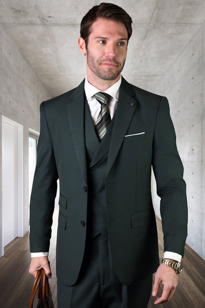 Men's Hunter Green Wool Suit with Pleated Pants & Double Breasted Vest