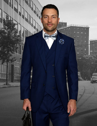 Mens 2 Button Classic Fit Pleated Pant Suit with Double Breasted Vest in Sapphire Blue by Statement