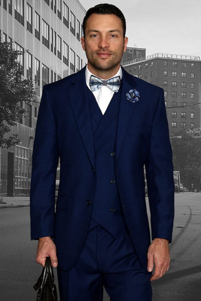 Men's Sapphire Blue Wool Suit with Double Breasted Vest