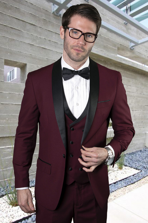 Men's Burgundy Wool Shawl Tuxedo with Double Breasted Vest