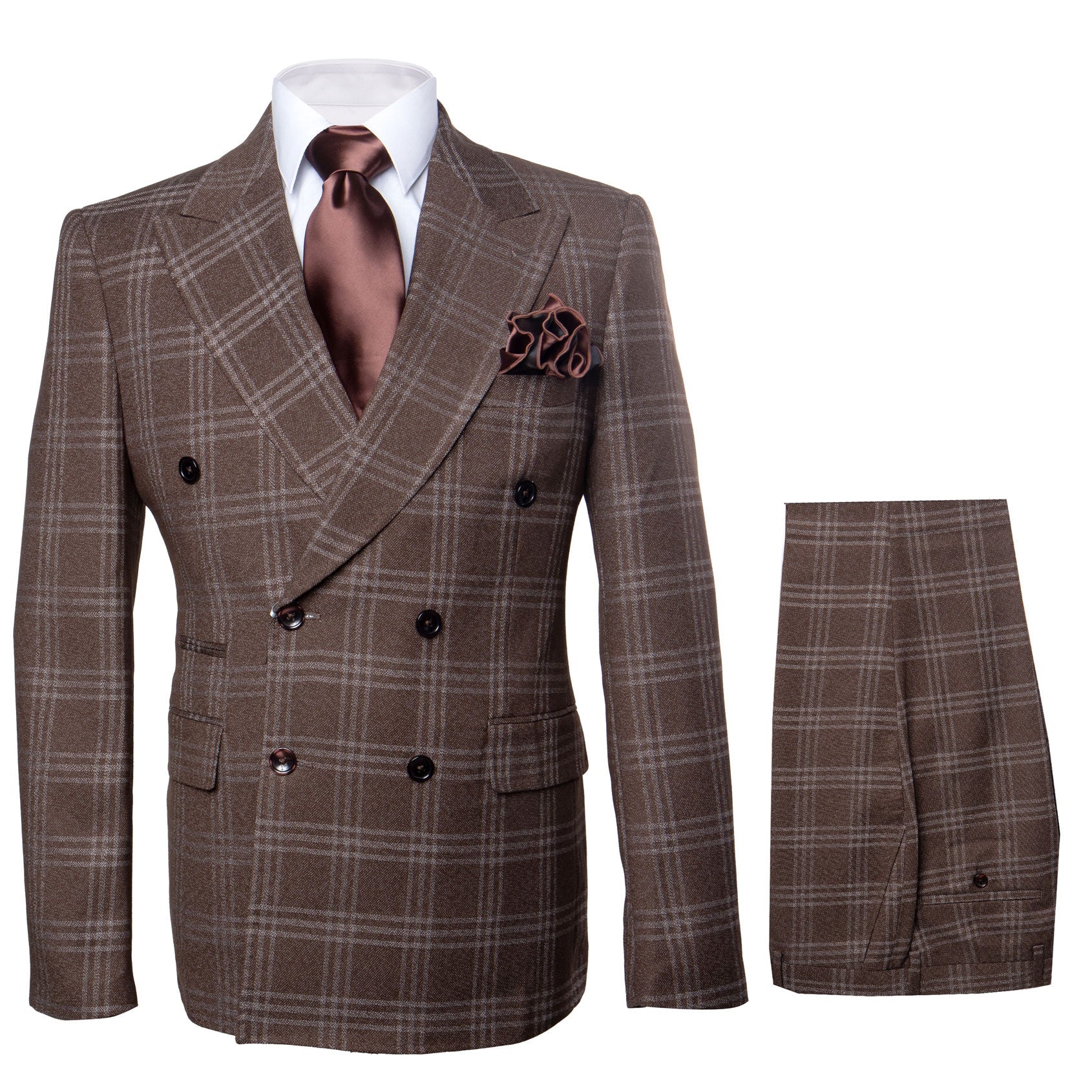 Men’s Brown Windowpane Double-Breasted 2-Piece Suit – Classic Tailored Fit Business & Formal Check Suit By Rossiman RM1798