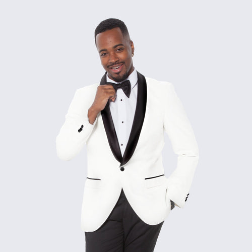White Tuxedo Jacket with Black Satin Shawl Lapel – Slim Fit