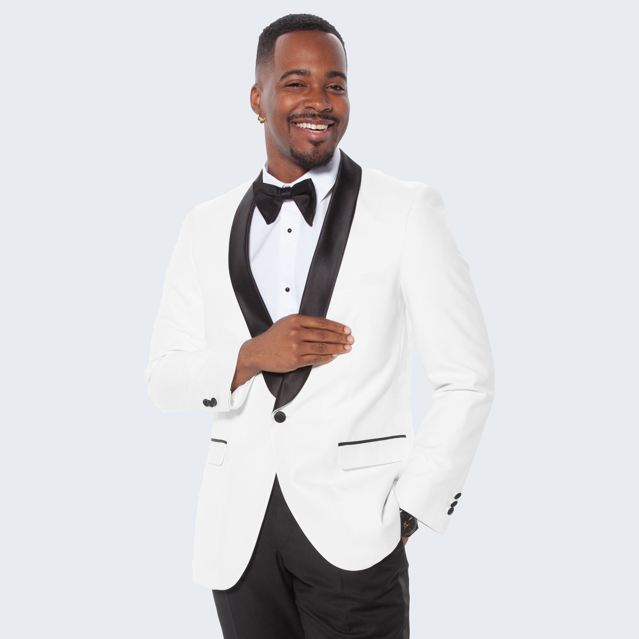 White Tuxedo Jacket with Black Satin Shawl Lapel – Slim Fit