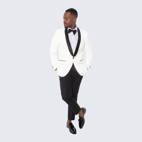 White Tuxedo Jacket with Black Satin Shawl Lapel – Slim Fit