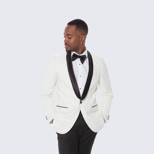 Ivory Tuxedo Jacket with Black Satin Shawl Lapel – Slim Fit