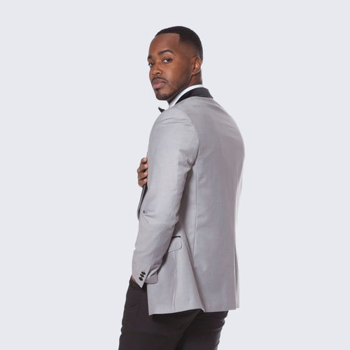 Grey Tuxedo Jacket with Black Satin Shawl Lapel – Slim Fit