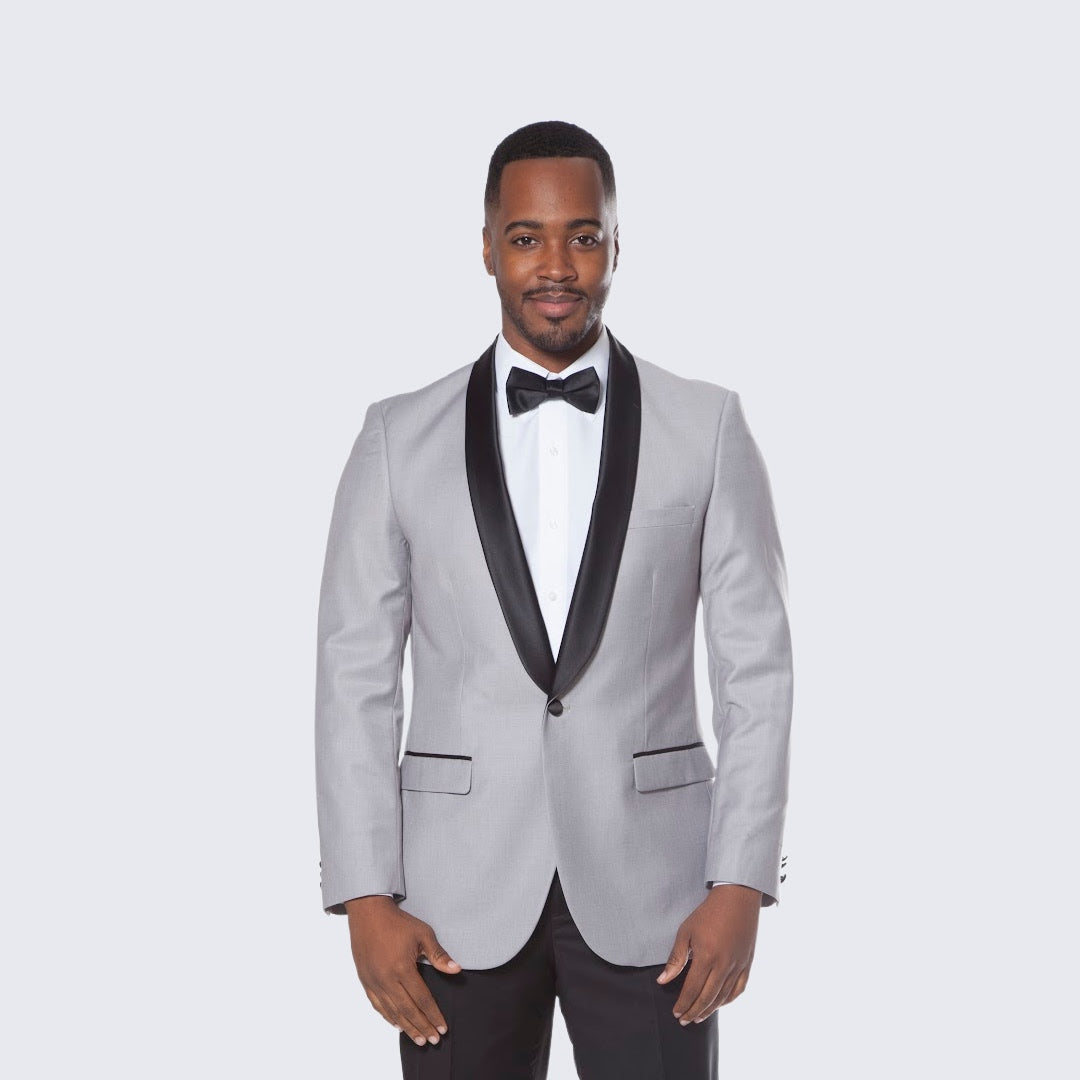Grey Tuxedo Jacket with Black Satin Shawl Lapel – Slim Fit