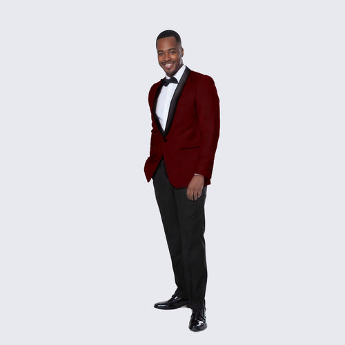 Burgundy Tuxedo Jacket, Black Satin Shawl Lapel β Slim Fit